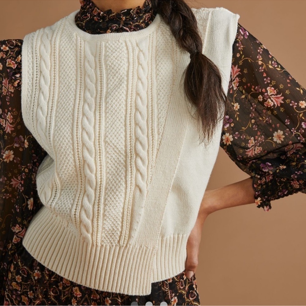 Anthropologie Asymmetrical Split Chunky Cable Knit Vest Top Size OS Boho Chic